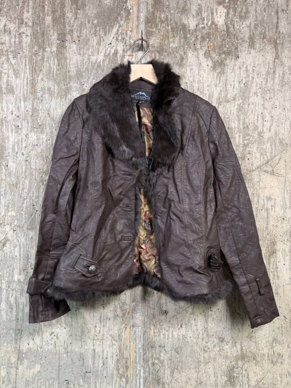 MONTANACO Women’s Brown Faux Leather Fur Collar Jacket Size S